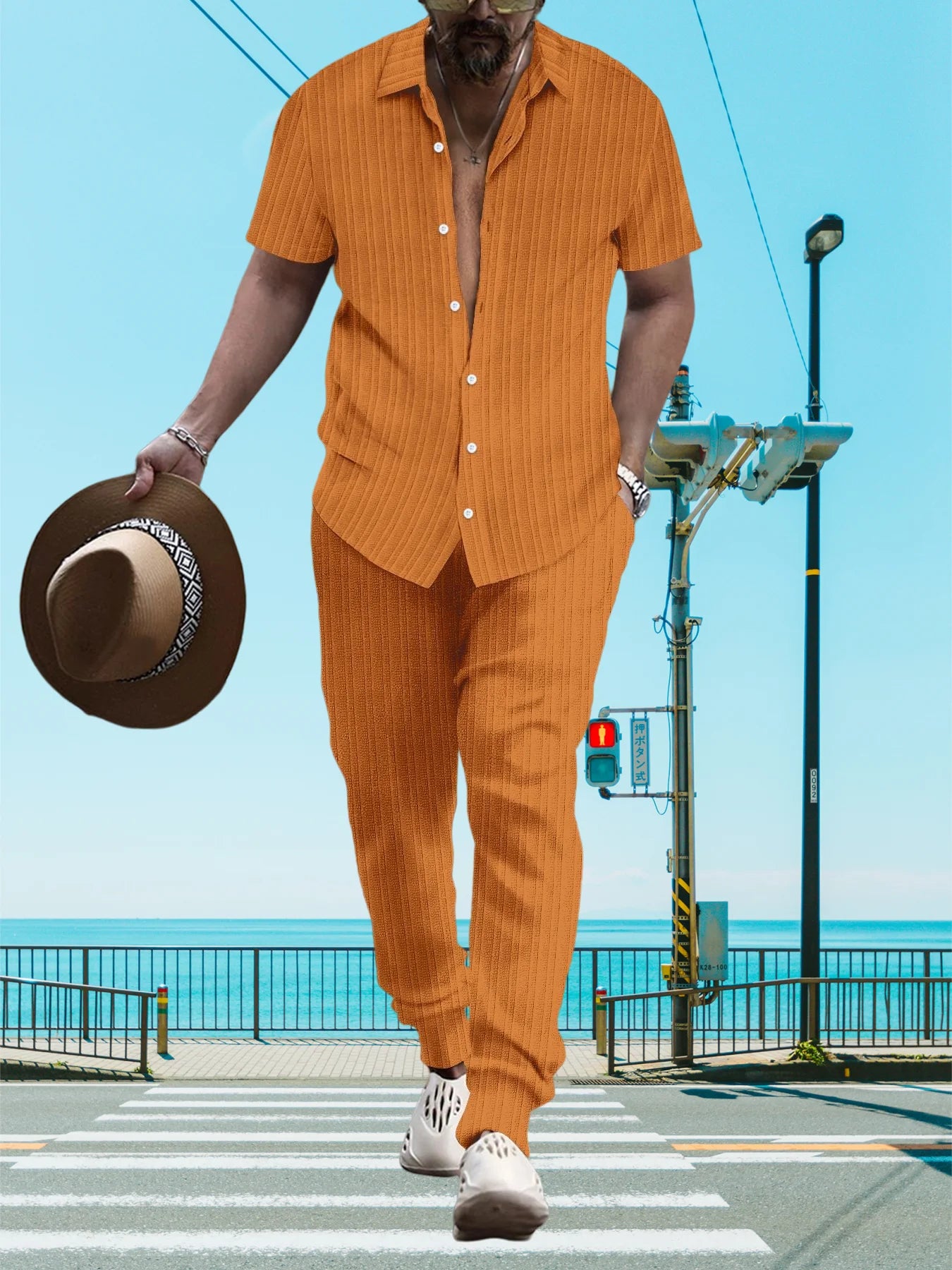 Ultra-thin Ultra-light Summer Men's Shirt Casual Loose Short Sleeve + Trousers Beach Suit Surf Casual Solid Color Lapel Suit
