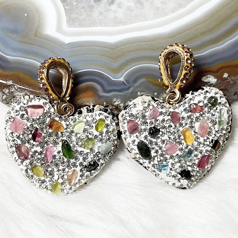 Micro Inlay Rainbow Tourmaline Heart Shape Pendant Jewelry for Women Girls Necklace Making with Clear Rhinestone