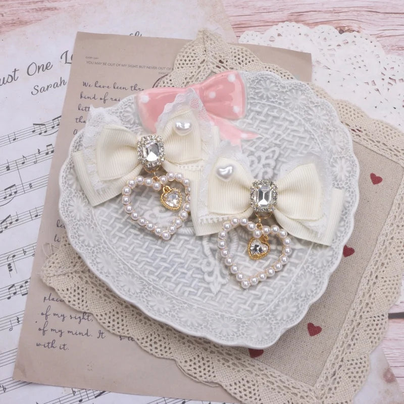 1 Pair Female Hair Clips Pearl Heart Side Clip Sweet Girl's Hairclips Lolita Hairpin Headdress Jiraikei Accessories