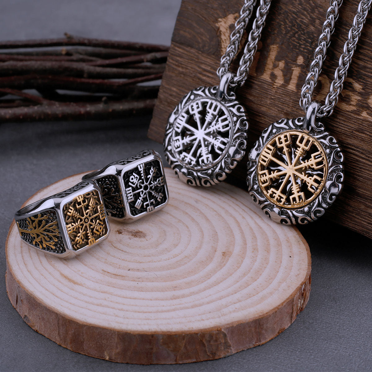 316L Stainless Steel Viking Helm of Awe and Tree of Life Ring Men's Amulet Biker Boys Fashion Boutique Ring Jewelry Gift