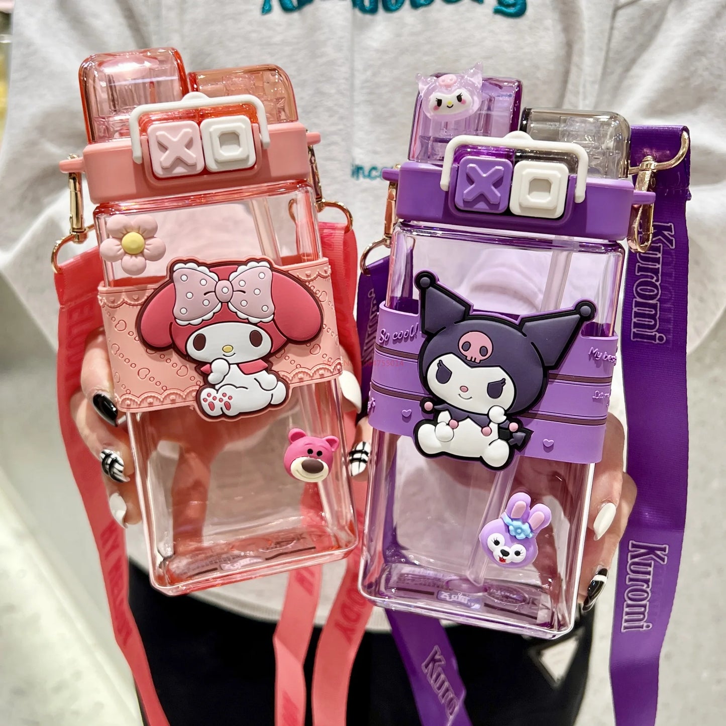 520ml Sanrio Melody Pompompurin Kuromi Cinnamoroll Plastic Bottle Double Drink Cup Students Cartoon Large Capacity Water Bottle