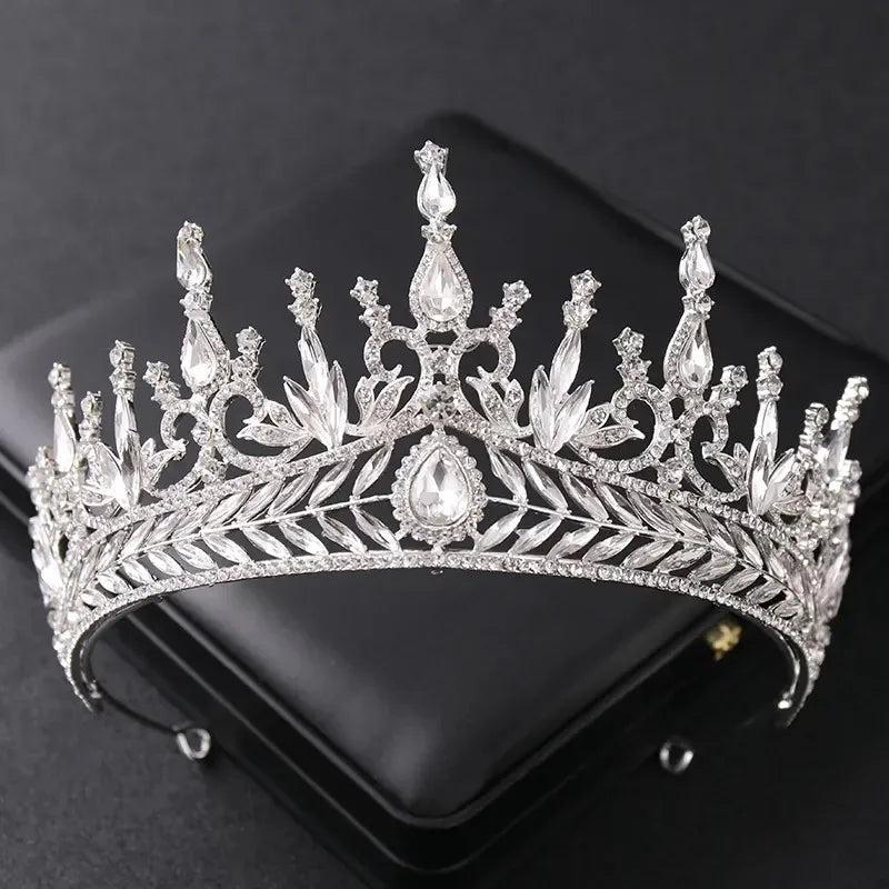 Luxury Silver Color Crystal Pearls Bridal Tiaras Crown Baroque Rhinestone Pageant Diadem Bride Headband Wedding Hair Accessories