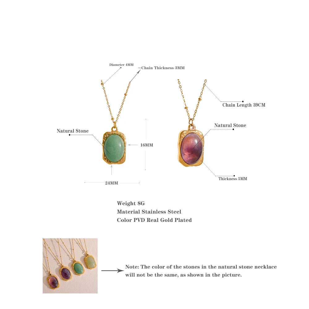 Yhpup Natural Stone Square Pendant Stainless Steel Necklace Amethyst Green Aventurine Charm Fashion Collar Jewelry  Women