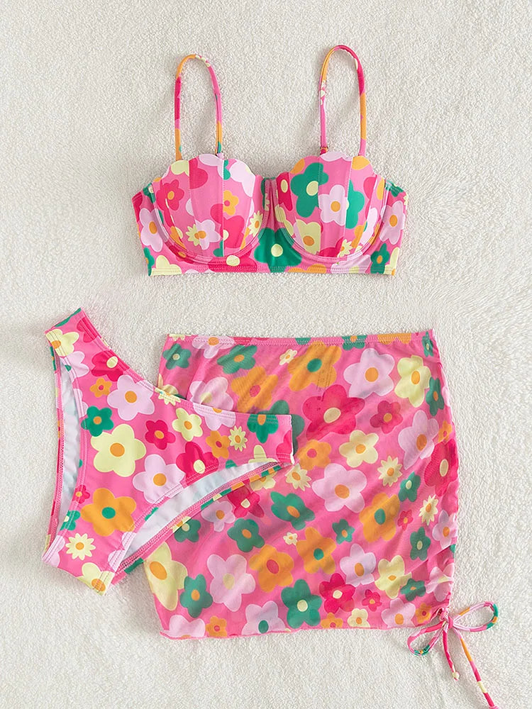 Sexy 3 Piece Bikinis Set Women Swimsuit with Skirt Swimwear 2023 New Female Push Up Bikini Beachwear Faux Pearl Bathing Suit