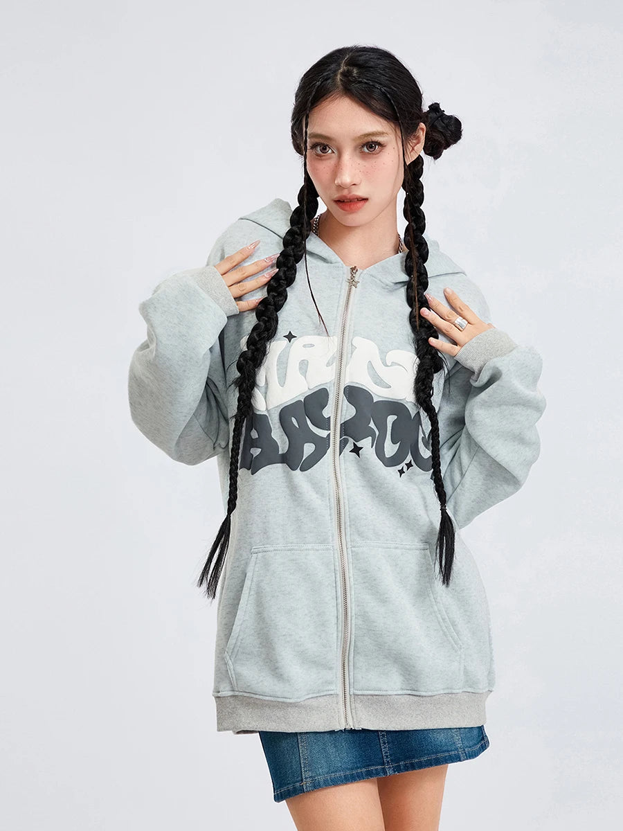 Women s Zip Up Hoodies Long Sleeve Letter Print Oversized Sweatshirts Jackets Streetwear Tops