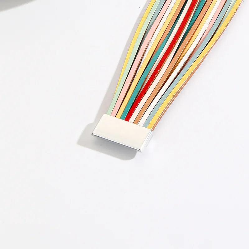 Bohemian Rainbow Leather Multi-layer Magnetic Buckle Bracelet For Women Fashion Vacation Style Jewelry Friends Gifts