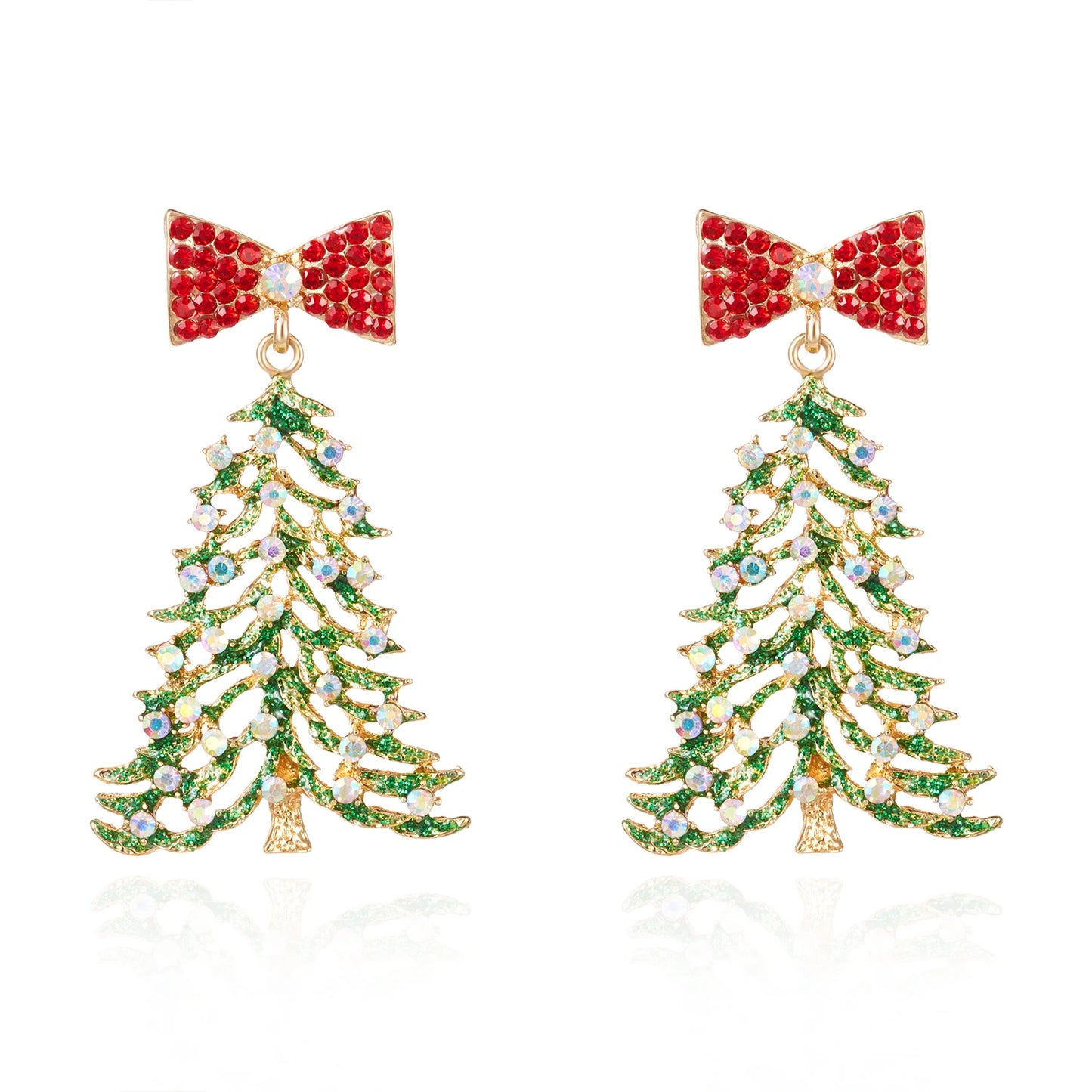 Fashion Gold Color Christmas Tree Earrings with Zircon Crystal Star Stud Dangle Xmas Jewelry for Women Party Gift