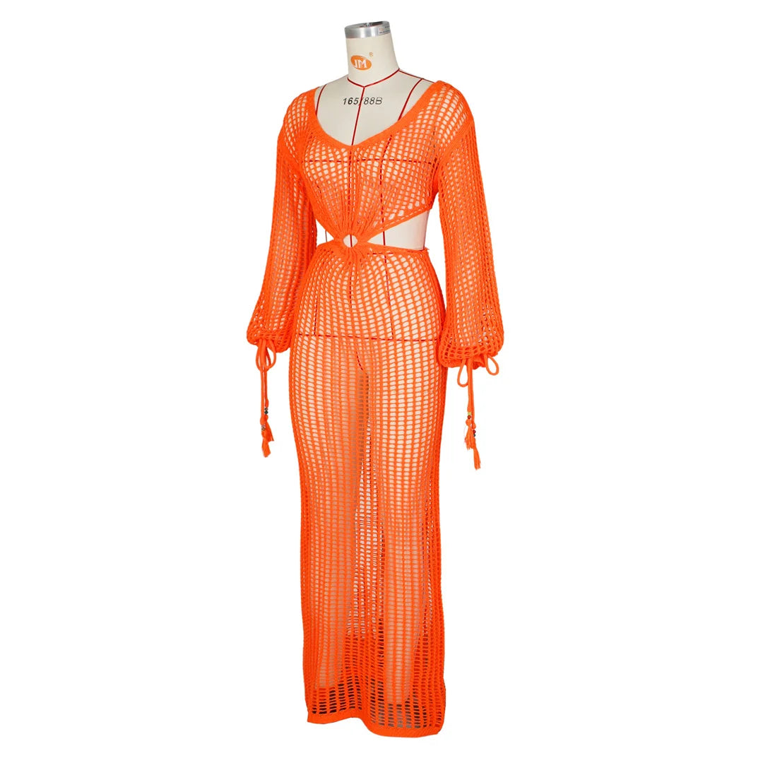 S - XL Long Sleeve Hollow Out Crochet Knitted Tunic Beach Cover Up Cover-ups Beach Dress Beach Wear Beachwear Female Women V5322