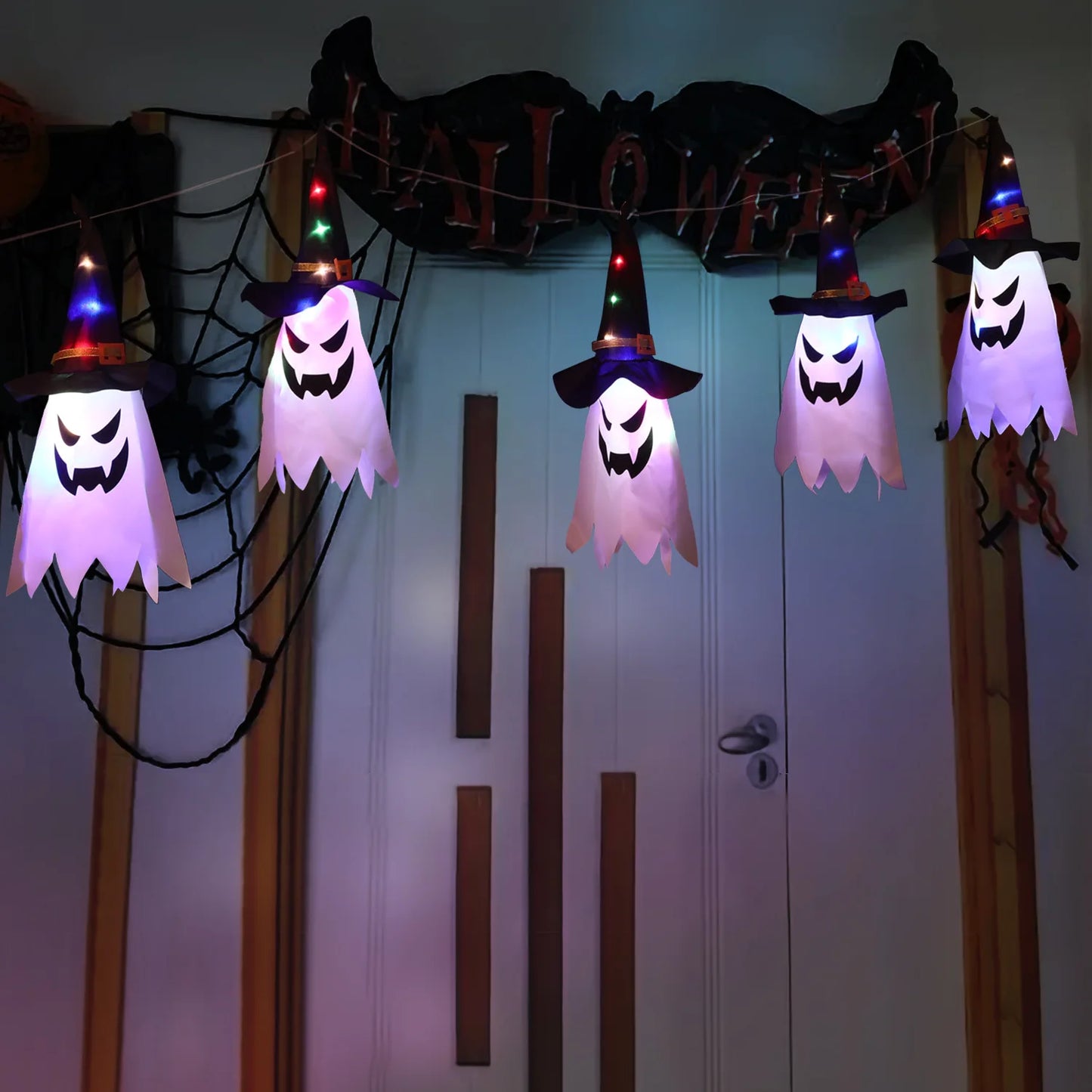 Halloween Courtyard Decorations LED Flashing Wizard Hat Lights Hanging Ghost Halloween Party Decorations Home Bars Horror Props