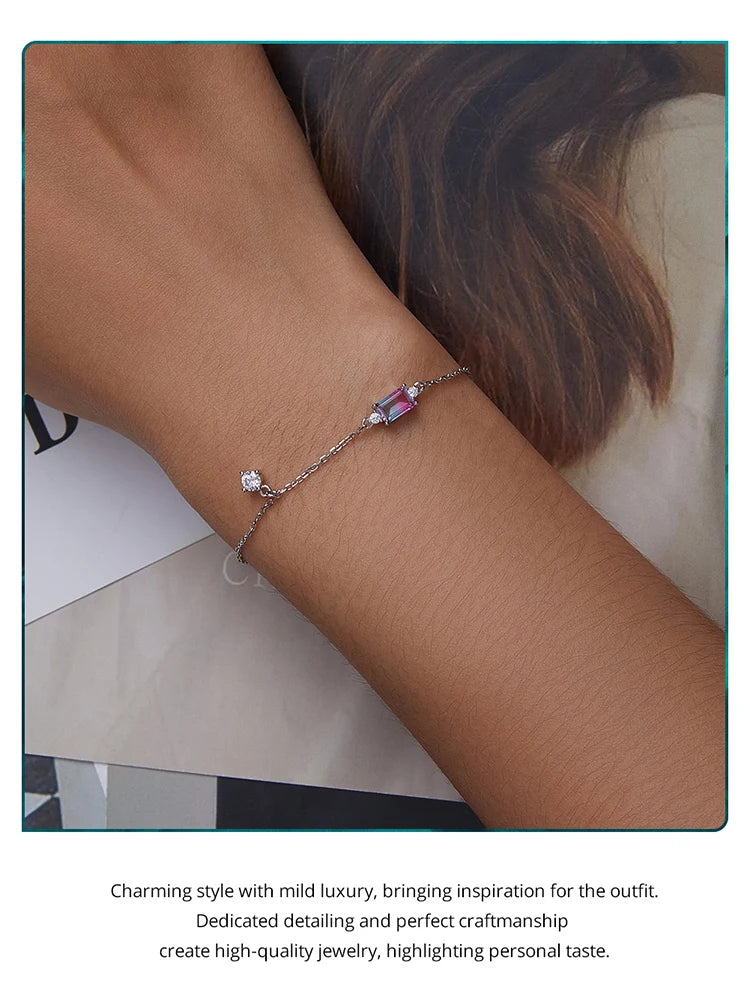 Bamoer 925 Sterling Silver Synthetic Tourmaline Bracelet for Women Fine Jewelry Fashion Adjustable Bracelet Fine Jewelry BSB092