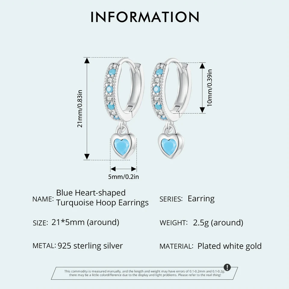 WOSTU 925 Sterling Silver Blue Heart-shaped Turquoise Hoop Earrings For Women Shiny CZ Drop Dangle Earrings Pendientes Jewelry