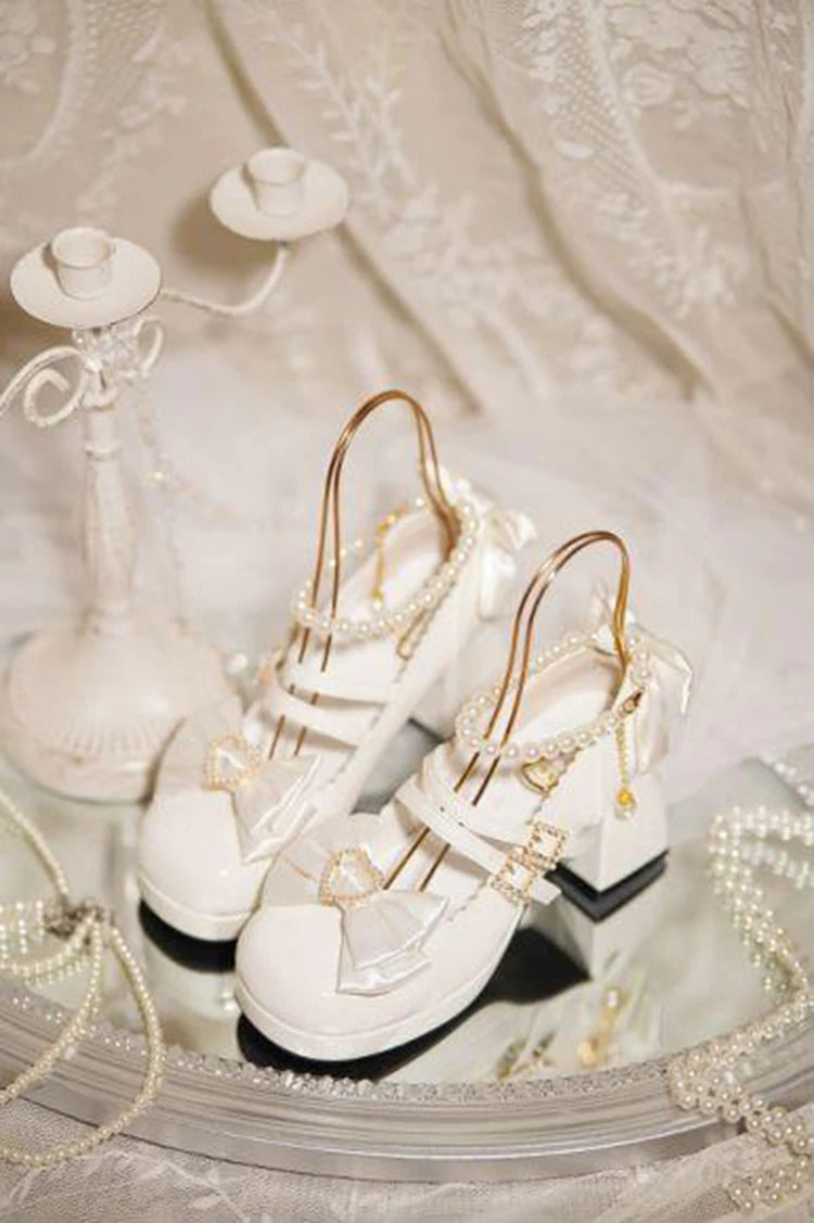 Lolita Shoes New Japanese Cute Round Head Pearl Bow Clips Leather Shoes Pumps Women Mary Jane Shoes High Heels Girls