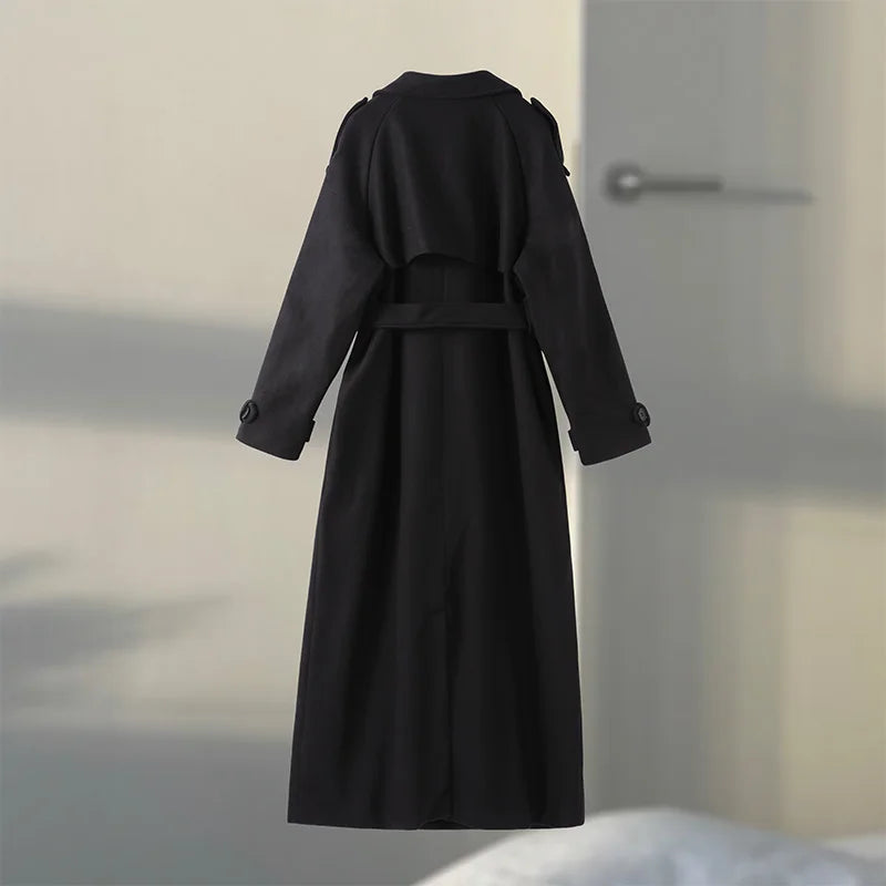 Elegant Woolen Long Coats Women Double-breasted Turn-down Collar Full Sleeves Jackets 2025 Autumn Winter Fashion Outwears Lady