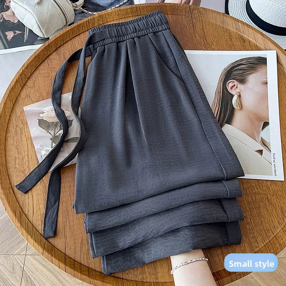 Ice Silk Wide Leg Pants Women's Loose Casual Thin Summer Trousers Small Size Draped Straight Leg Pants Female Fashion