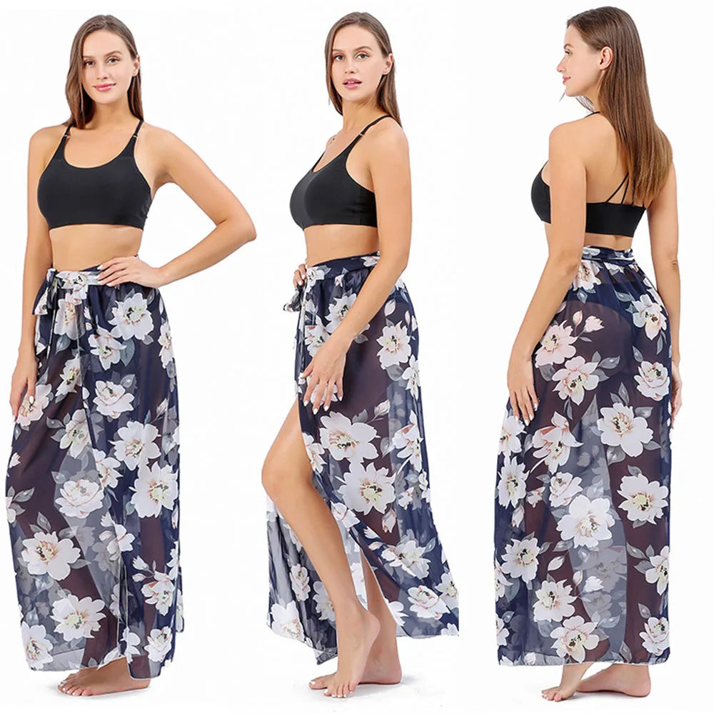 Women Long  Print Sarongs Swimsuit Coverups Beach Bikini Wrap Sheer Long Skirt Chiffon Scarf Cover Ups for Swimwear