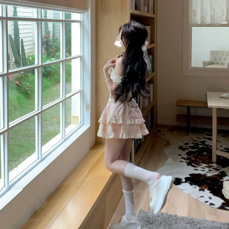 Sweet High Street Halter Patchwork Lace Japan Tank Tops All Match Harajuku Preppy Style Tiered Skirts Y2k Aesthetic Moda Sets