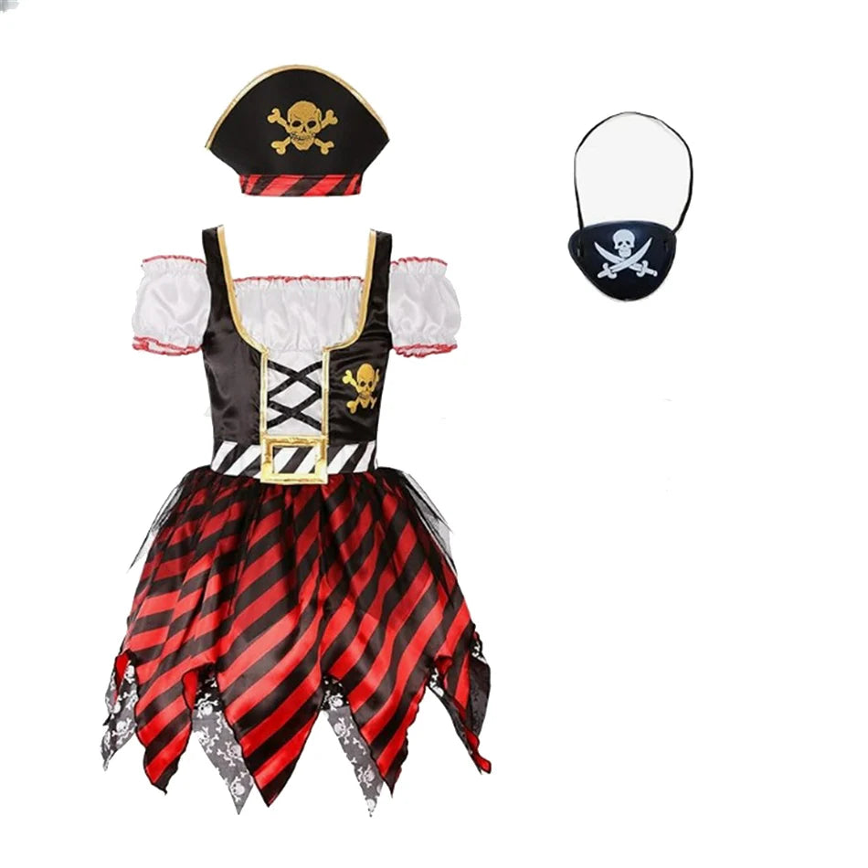 Girl Pirate Cosplay Costume Costume Halloween Pirate Jack Three-piece Suit Kids Stage Performance Clothes with Hat and Eye Mask