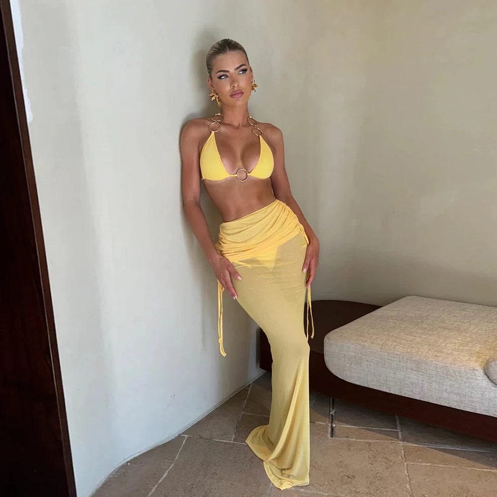 Sexy Ring 3 Piece Bikinis Women Swimsuit 2024 New Swimwear With Long Sleeve Bathing Suit Beachwear Biquini Female