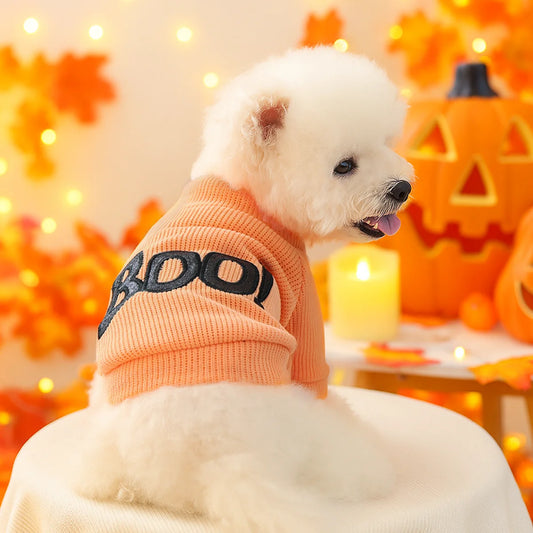 1PC Halloween Crew Neck Orange Pet Clothes Dog Crew Neck Pullover Sweater "BOO!" Cute Fun Party Trick or Treat