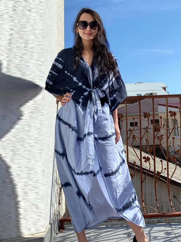 2023 Bikini Cover-ups Black Retro Striped Self Belted Women Summer Clothing Kimono Dress Beach Wear Swim Suit Cover Up Q1225