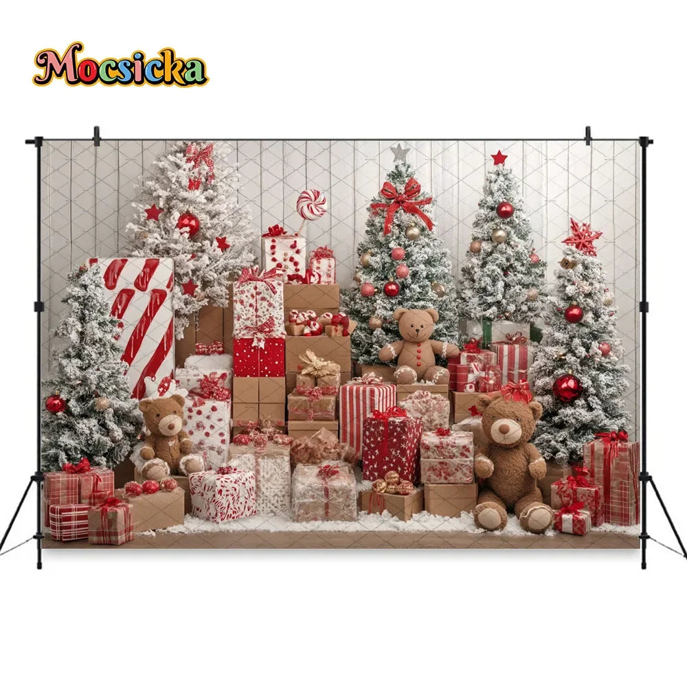 Mocsicka Christmas Gift Room Background for Winter Kid Photography Xmas Tree Gingerbread Man Snowy Backdrop Decor Photo Studio
