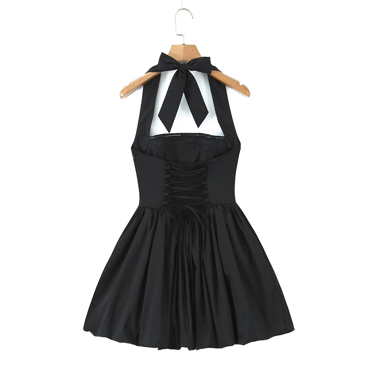 Sexy Bow Halter Slash Collar Lacing Up Bandage Back Sling Mini Dress Women Low Waist Ball Gown Pleated BUD Dresses Femme Robe