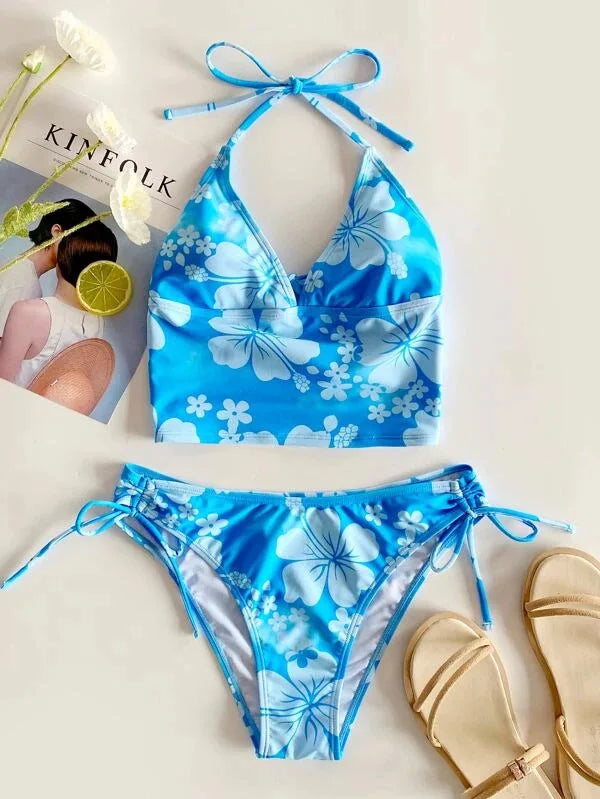 Sexy Yellow Floral Print Bikinis Set Women Halter Push Up Crop Top Swimsuit 2025 Beach Bathing Suit Lace Up High Waist Swimwear