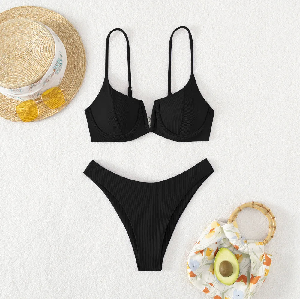 Sexy Underwired BikiniS 2024 Mujer Women Solid V-bra Push Up Two pieces Bikini Set High Cut Bathing Suit Padded Thong Swimsuit