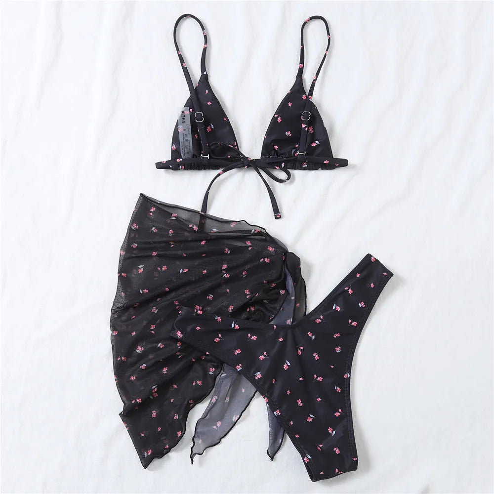 Sexy Black Floral Print Holiday Swimwear String Triangle 3 Piece Bikini Set Sexy Swimsuit Women Biquinis 2025 Bikinis De Mujer