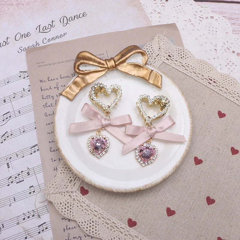 Jfashion Girl Lolita Hair Accessories Bow Loria Headdress Lace Bow Rhinestone Hair Clips Jirai Kei Vintage Doll-like Handmade