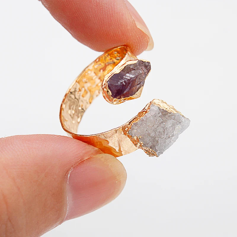 Irregular Raw Crystal Quartz Open Ring for Women Girls Gold-color Boho Amethyst Finger Jewelry Resizable