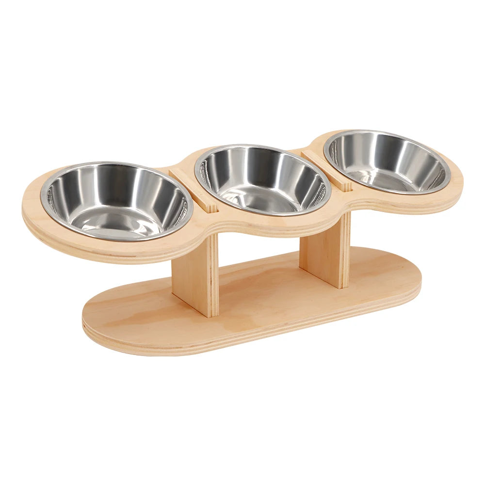 Cat 3 Bowls in 1 Feeder Feeding & Watering Supplies Food Bowl 15-Degree Tilt Raised 3 Stainless Steel Bowls Wood Brackets Puppy