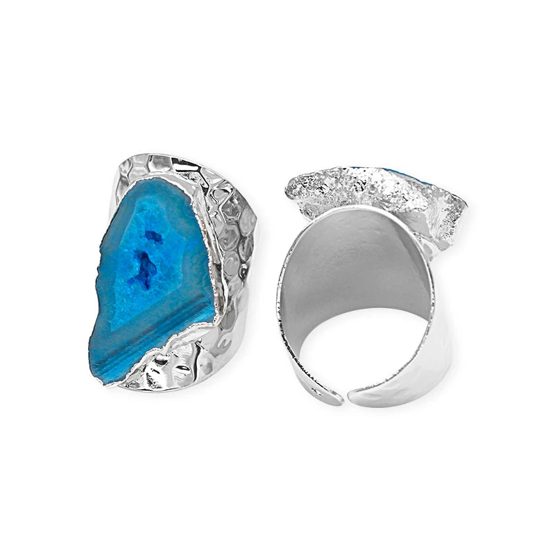 Irregular Geode Stone Agate Slices Open Ring for Women Girls  Silver Color Boho Resizable Finger Jewelry