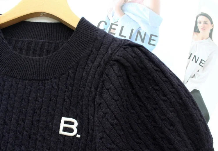 Japanese New Spring Ladies Sweet Bubble Short Sleeve Twist Knitted Top Sweater Letter Embroidered Pure Color Women's T-shirt