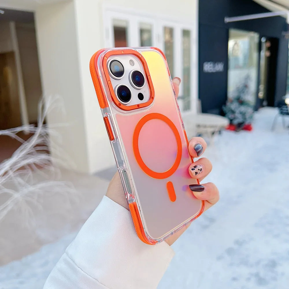 Stylish Metal Lens Magnetic Phone Case for IPhone 17 16 15 14 13 12 11 Pro Max Plus MagSafe Wireless Gradual Change Color Cover
