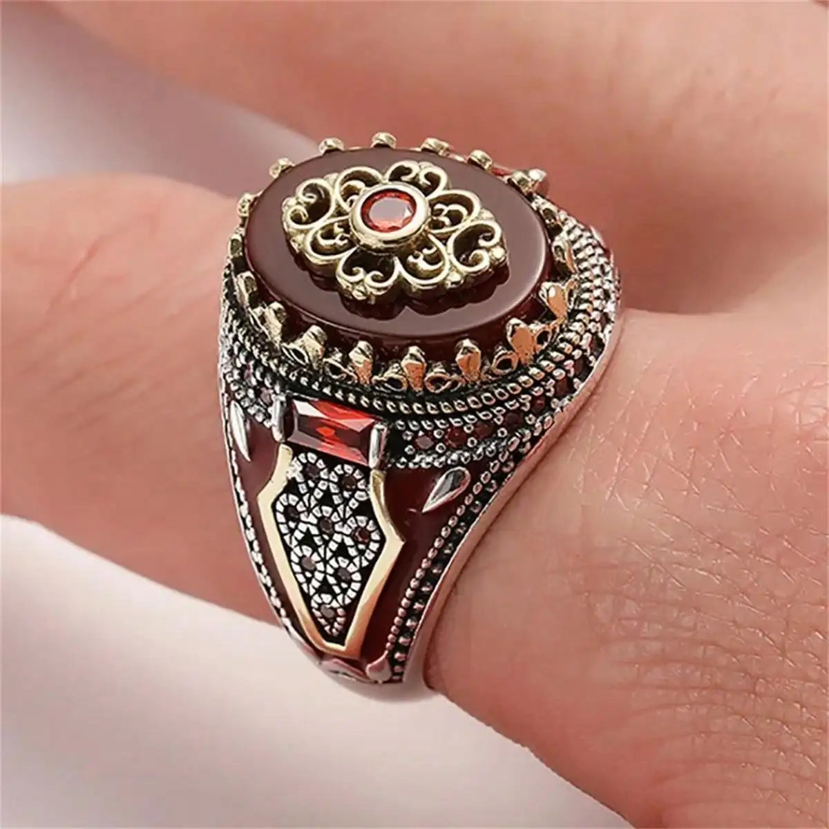 Retro Turkish Handmade Men Crown Rings Vintage Carved Eagle Pattern Red Zircon Stone Rings Rock Punk Muslim Wedding Band Jewelry