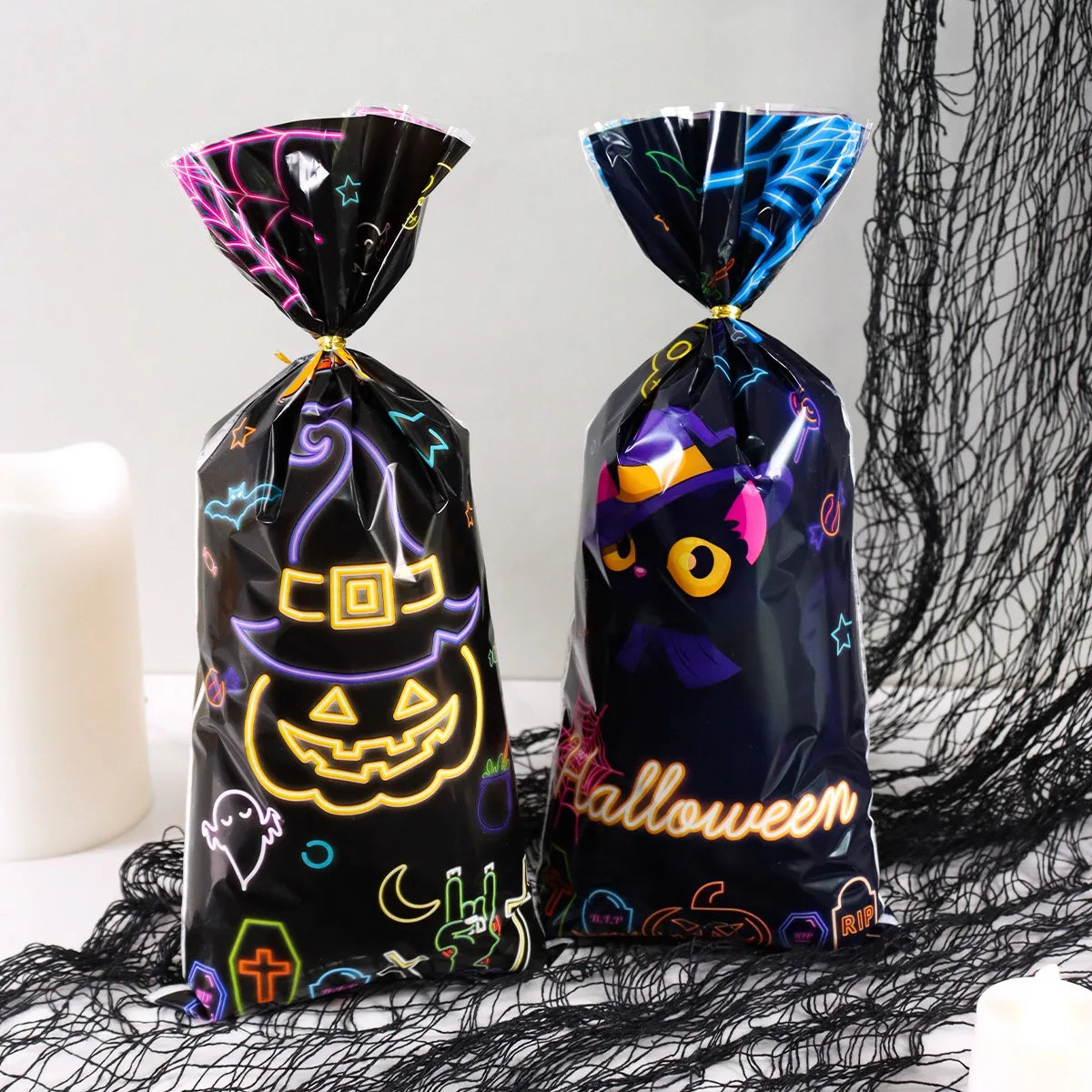 25/50/100pcs Halloween Black Cat Gift Bags Pumpkin Candy Packaging Bags Trick Or Treat 2025 Happy Halloween Party Decor Supplies