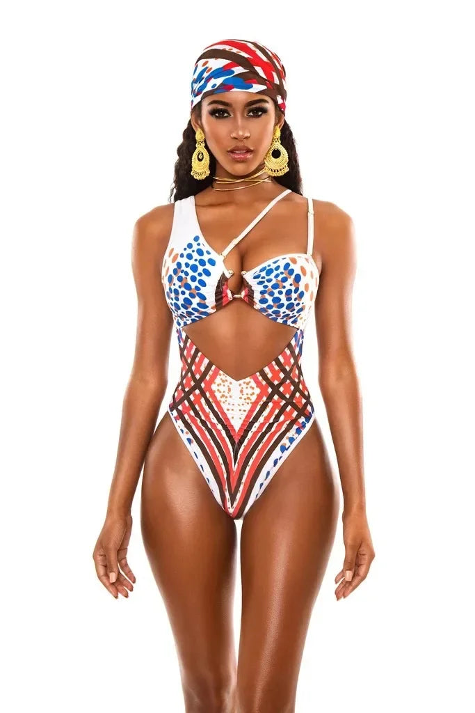 Sexy Bikini Women High Waist Totem Print Hollow Swimwear Swimsuit Female Beach Bikinis Set Bathing Suit Banadores Mujer 2024 New