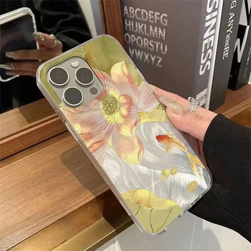 Colorful Golden Lotus Koi Phone Case For iPhone 17 Air 14 13 12 11 17 16 15 Pro Max 7 8 Plus SE2 Fashionable Shockproof Cover