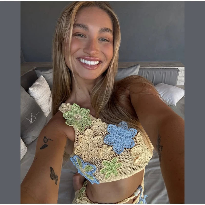 Sexy Beach Women's Set Beading Flower Crochet Crop Top Slim Maxi Skirt Female Suit 2025 Summer Hollow Out Knit Lady Dress Sets