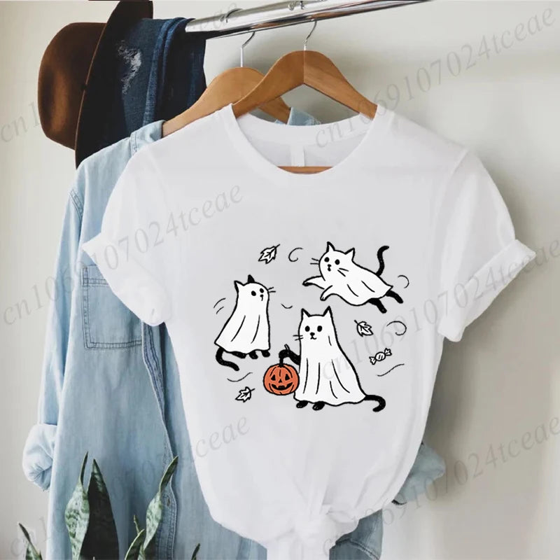 New Fashion Ghost Cat T-Shirt Tops Womens Vintage T-Shirt Funny Spooky Halloween Classic T-Shirt Tops Women's Tees Streetwear