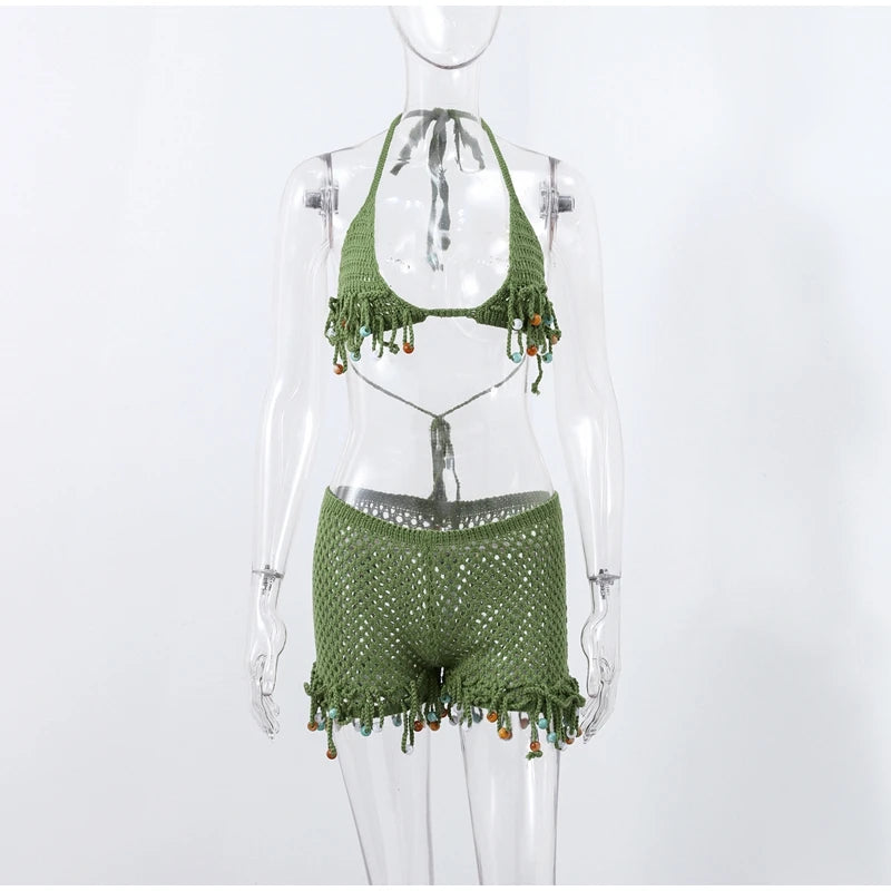 Sexy Beach Knit Women's Sets Crochet Flower Bikini Mini Skirt Female Suits 2025 Summer Halter Sleeveless Backless Top Skirts Set