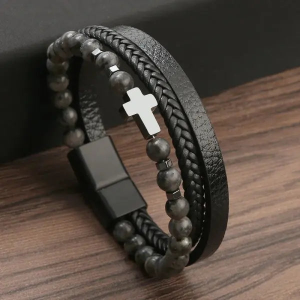 Prayer Men Natural Stone Beads Rosary Cross Bracelets Multilayer Leather Bracelet Women Yoga Meditation Jewelry Homme Pulsera