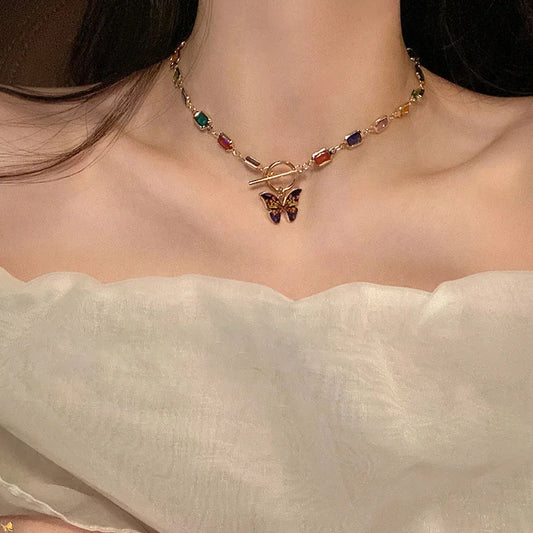 Cute Animal Butterfly Pendant Rainbow Crystal Square Stone Necklaces For Women Vintage Gold Color Chain Necklace Wedding Jewelry