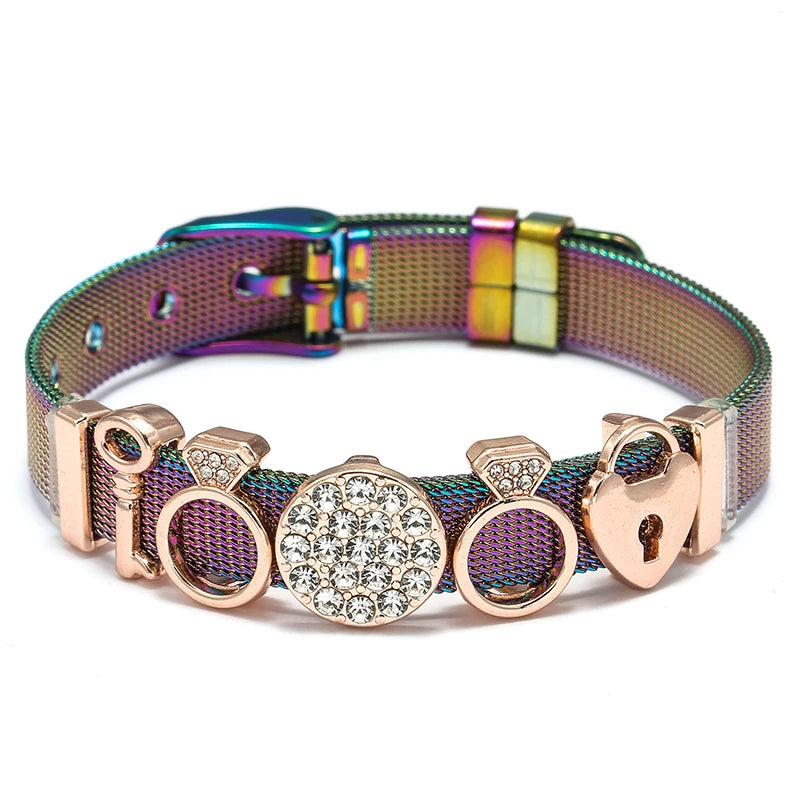 Silver Color Stainless Steel Mesh Bracelets For Women Crystal Santa Claus Beads Charm Watch Belt BraceletsBangles Christmas Gift