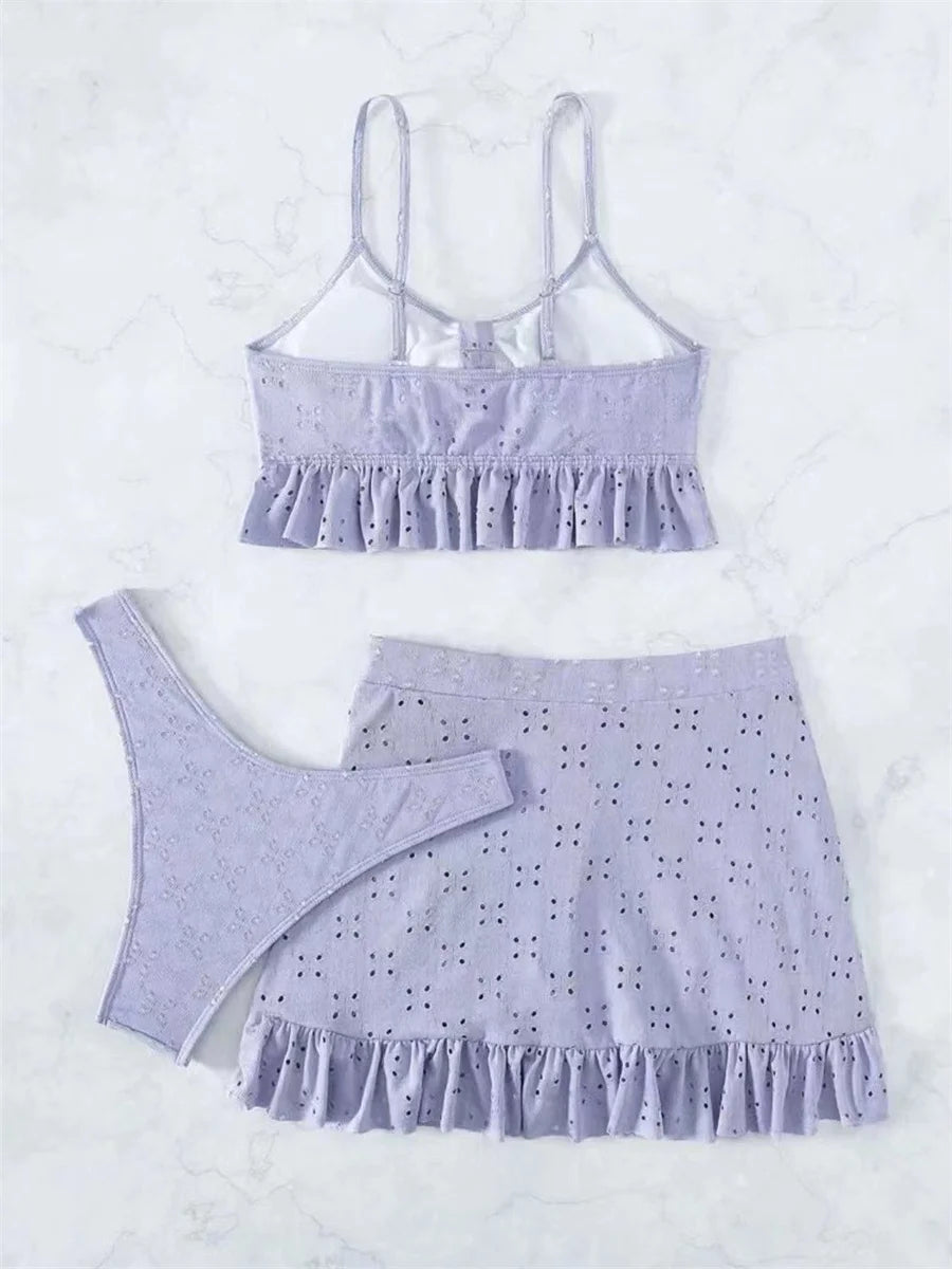 Sexy White 3 Piece Bikinis Set 2025 Women Halter Cut Out Tie Up Ruffles Push Up Skirt Swimsuit Bathing Suit High Waist Swimwear