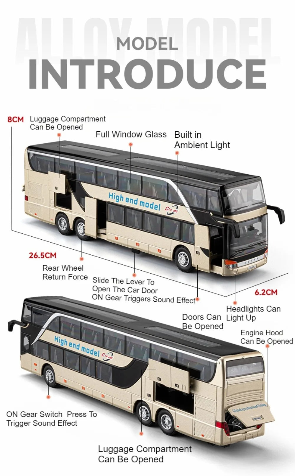 1:30 Business Single Alloy Diecast Double Decker Bus Model Toys Car Doors Opened Sound Light Pull Back Cars Child Christmas Gift