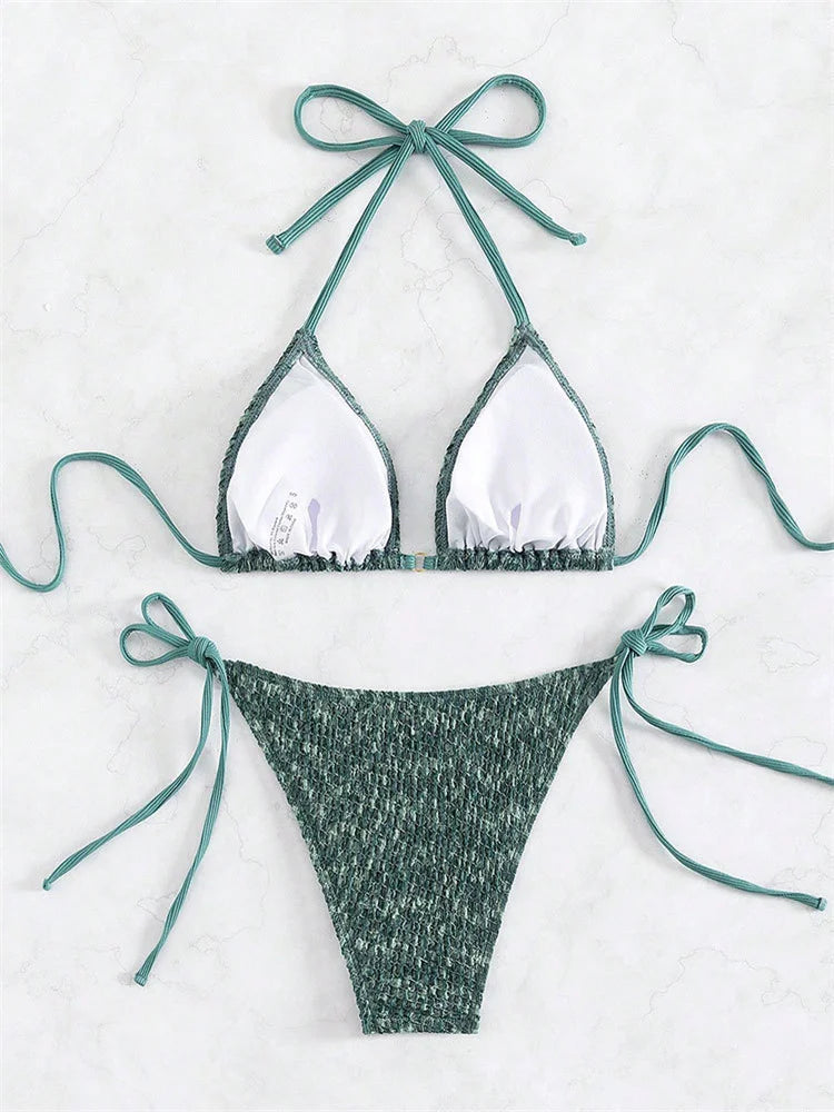 Sexy Green 2 Piece Bikinis Sets Women Halter Metal Stap Push Up Swimsuit 2024 Summer Lace Up Beach Bathing Suit Thong Swimwear
