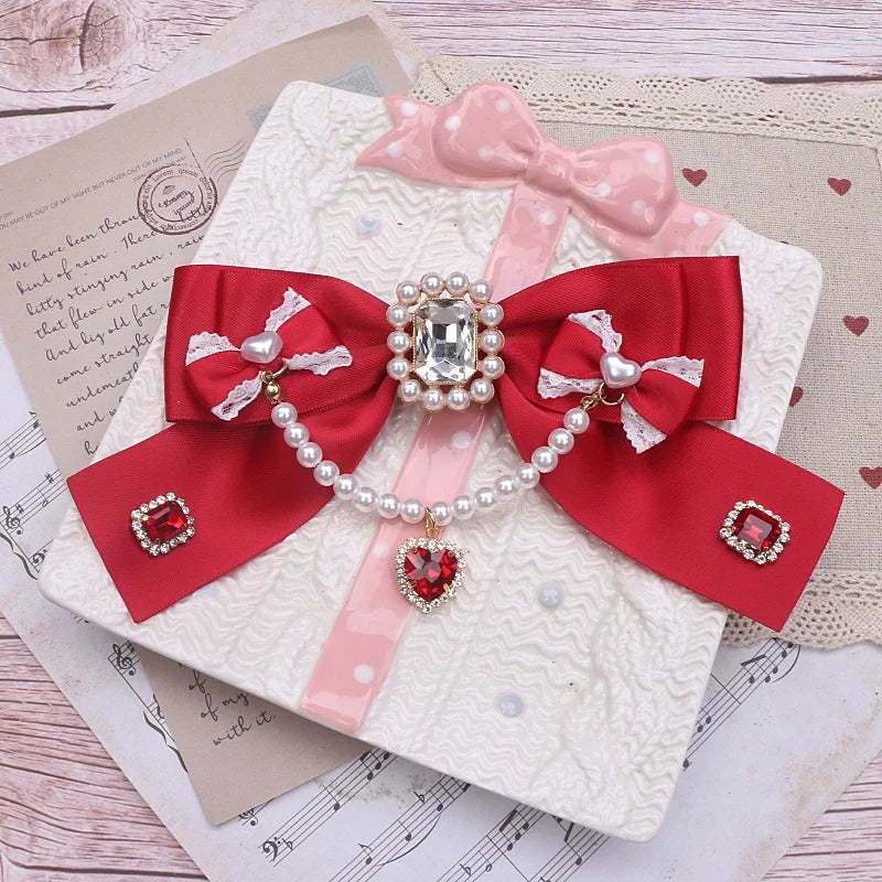 Beaded Ribbon Neck Tie Lolita Girl Bow Tie Women's Big Bow Larme Kei Heart Pearl for Collared Shirt Jfashion Brooch Accessories