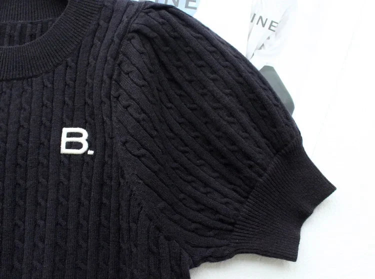 Japanese New Spring Ladies Sweet Bubble Short Sleeve Twist Knitted Top Sweater Letter Embroidered Pure Color Women's T-shirt